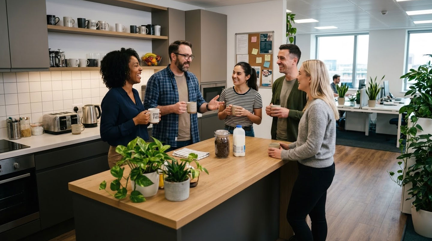 Gros plan sur une personne tenant un mug personnalisé avec logo d'entreprise dans un bureau, en train de boire un café.