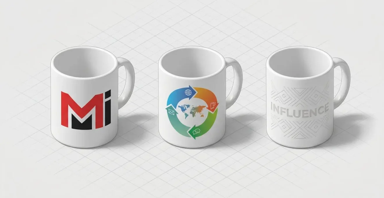 Illustration 3D isométrique de trois mugs en céramique illustrant différentes techniques de personnalisation : sérigraphie, impression quadrichromie et gravure laser.