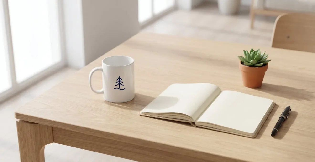 Mug en céramique blanc avec logo d'entreprise bleu marine posé sur une table de réunion en bois clair, entouré d'un carnet, d'un stylo et d'une plante verte.