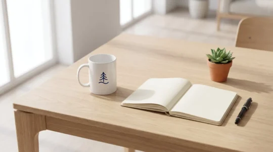 Mug en céramique blanc avec logo d'entreprise bleu marine posé sur une table de réunion en bois clair, entouré d'un carnet, d'un stylo et d'une plante verte.